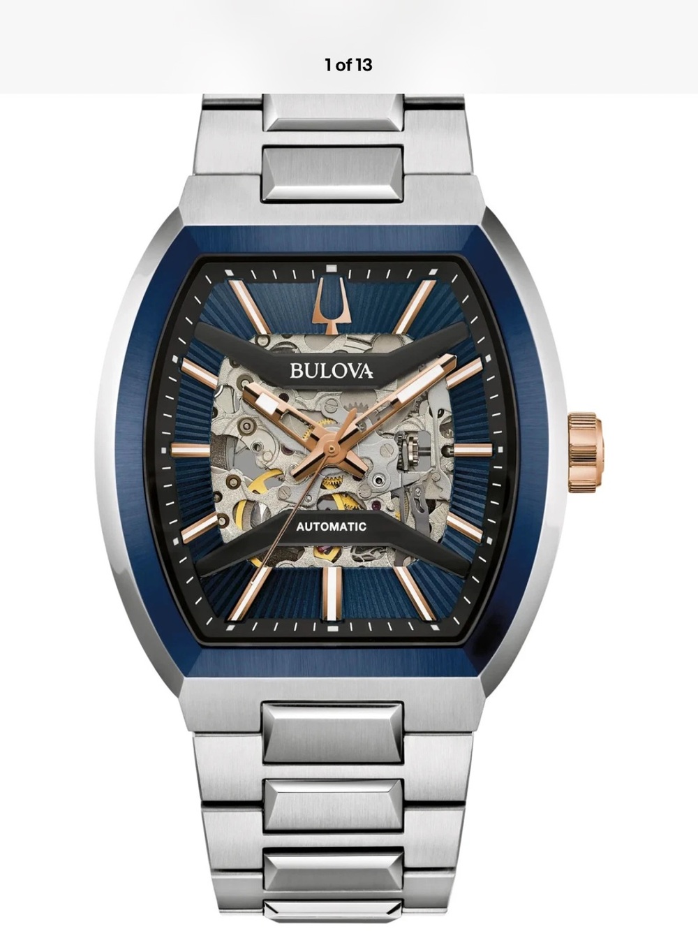Bulova Blue Dial Skeleton Automatic Stainless Steel Watch with Rose Gold Accents